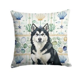Black and White Alaskan Malamute Coastal Sea Glass Throw Pillow Decorative Indoor Outdoor Accent Cushion for Couch, Bed or Patio, 14Hx14W