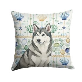 Gray and White Alaskan Malamute Coastal Sea Glass Throw Pillow Decorative Indoor Outdoor Accent Cushion for Couch, Bed or Patio, 14Hx14W