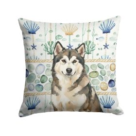 Sable and White Alaskan Malamute Coastal Sea Glass Throw Pillow Decorative Indoor Outdoor Accent Cushion for Couch, Bed or Patio, 14Hx14W