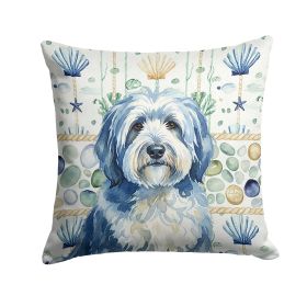 Blue and White Old English Sheepdog Coastal Sea Glass Throw Pillow Decorative Indoor Outdoor Accent Cushion for Couch, Bed or Patio, 18Hx18W