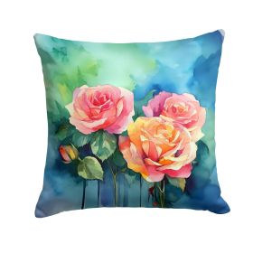 New York Roses in Watercolor Throw Pillow Machine Washable, Indoor Outdoor Decorative Pillow for Couch, Bed or Patio, 14Hx14W