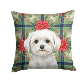 Maltese Christmas PoinsettIas Throw Pillow Decorative Indoor Outdoor Accent Cushion for Couch, Bed or Patio, 14Hx14W